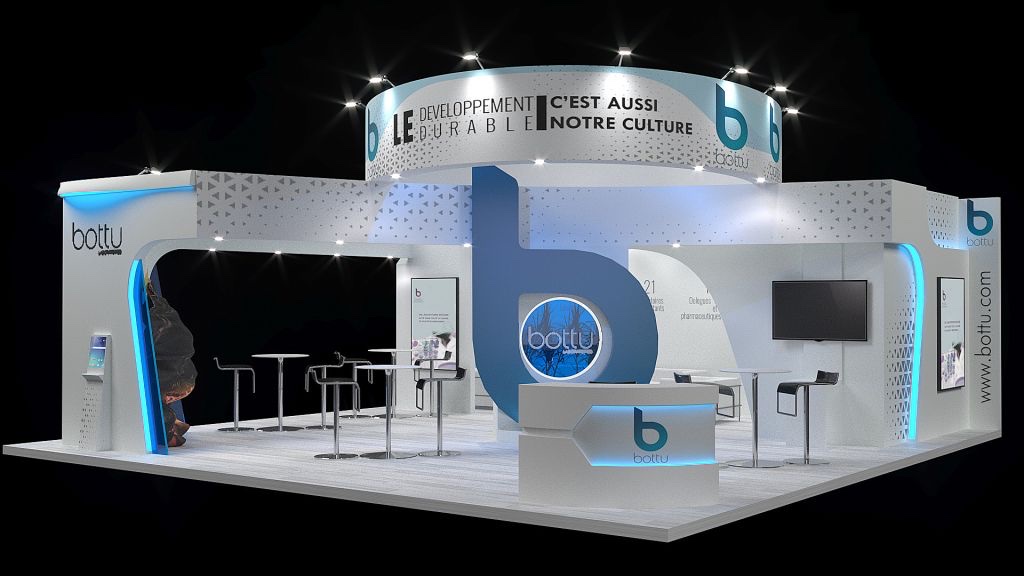 Bottu Blue & White Curved Exhibition Stand Architecture